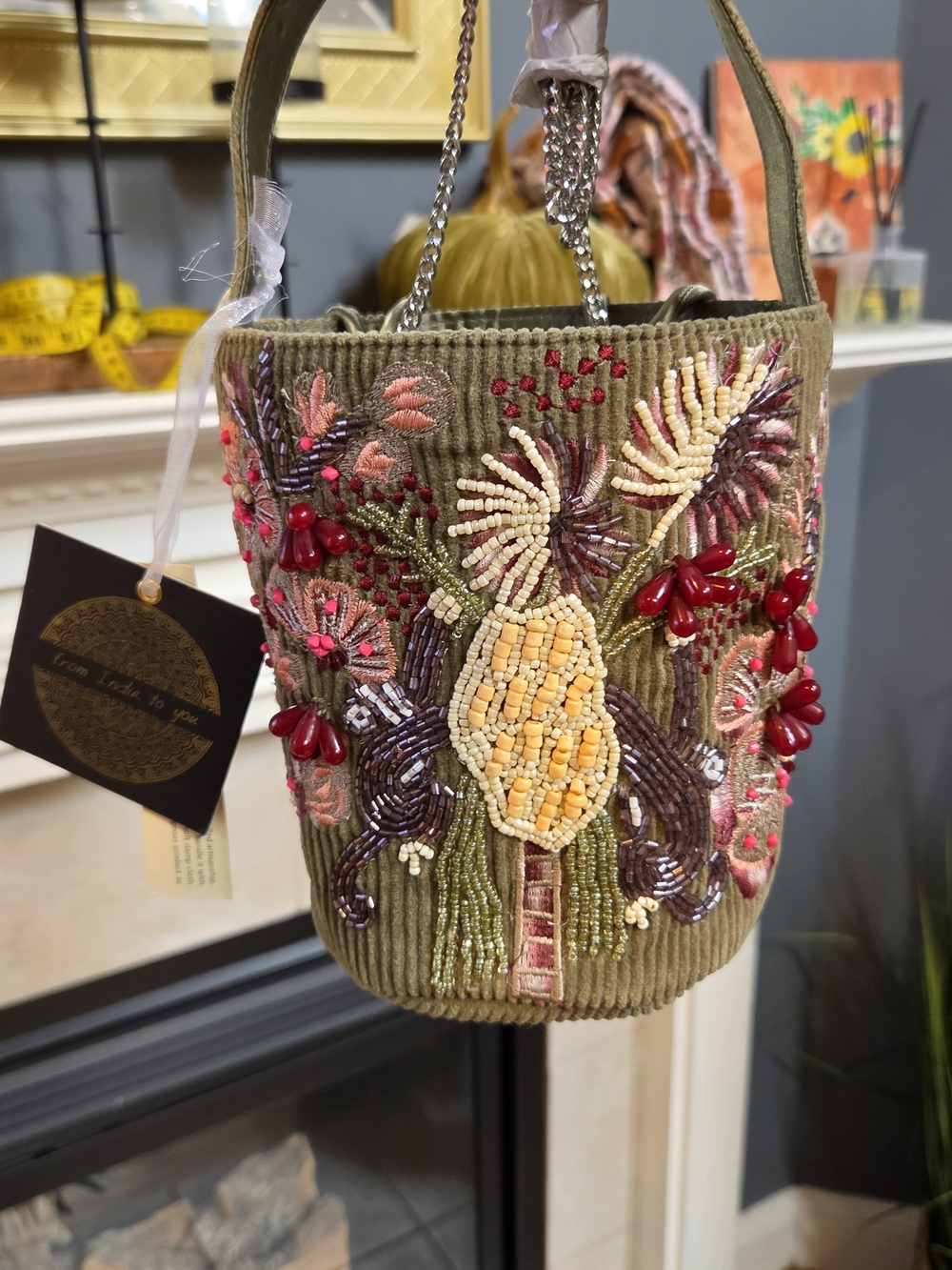 Embroidered Beaded Floral Bucket Bag - Olive Green - Picture 4 of 5